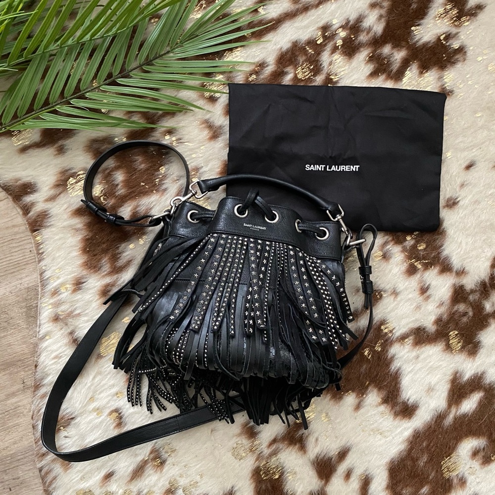 SAINT LAURENT STUDDED SMALL EMMANUELLE FRINGE BAG